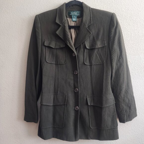 Lauren Ralph Lauren Blazer Womens Olive Green Wool Military